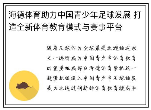 海德体育助力中国青少年足球发展 打造全新体育教育模式与赛事平台